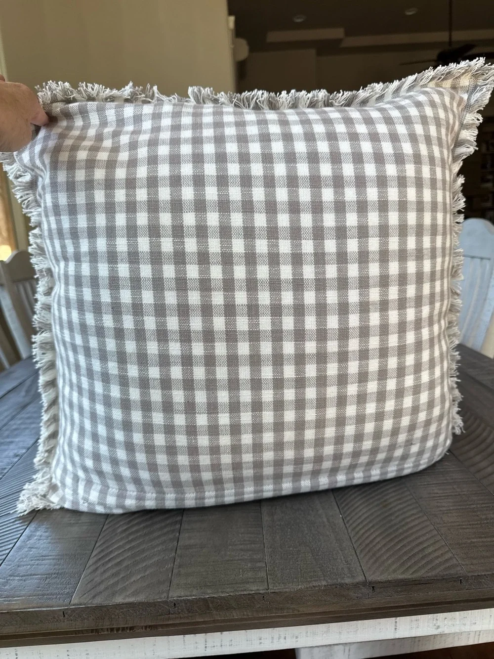 Gray Bunny 20X20 Farmhouse Decorative Fringe & Checkered Throw Pillow